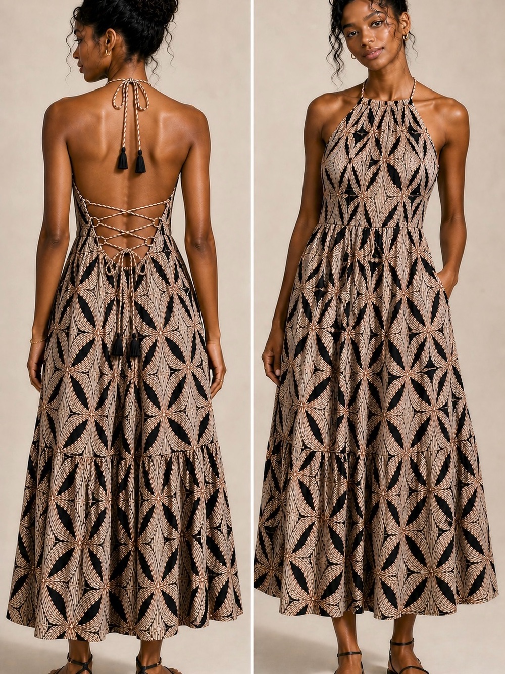 Anthropologie Black and Blush Geometric Halter Maxi Dress